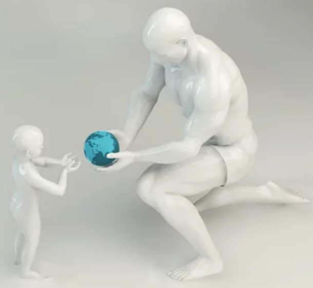 Image en 3D d'un Homme donnant une boule qui represente la terre a un enfant